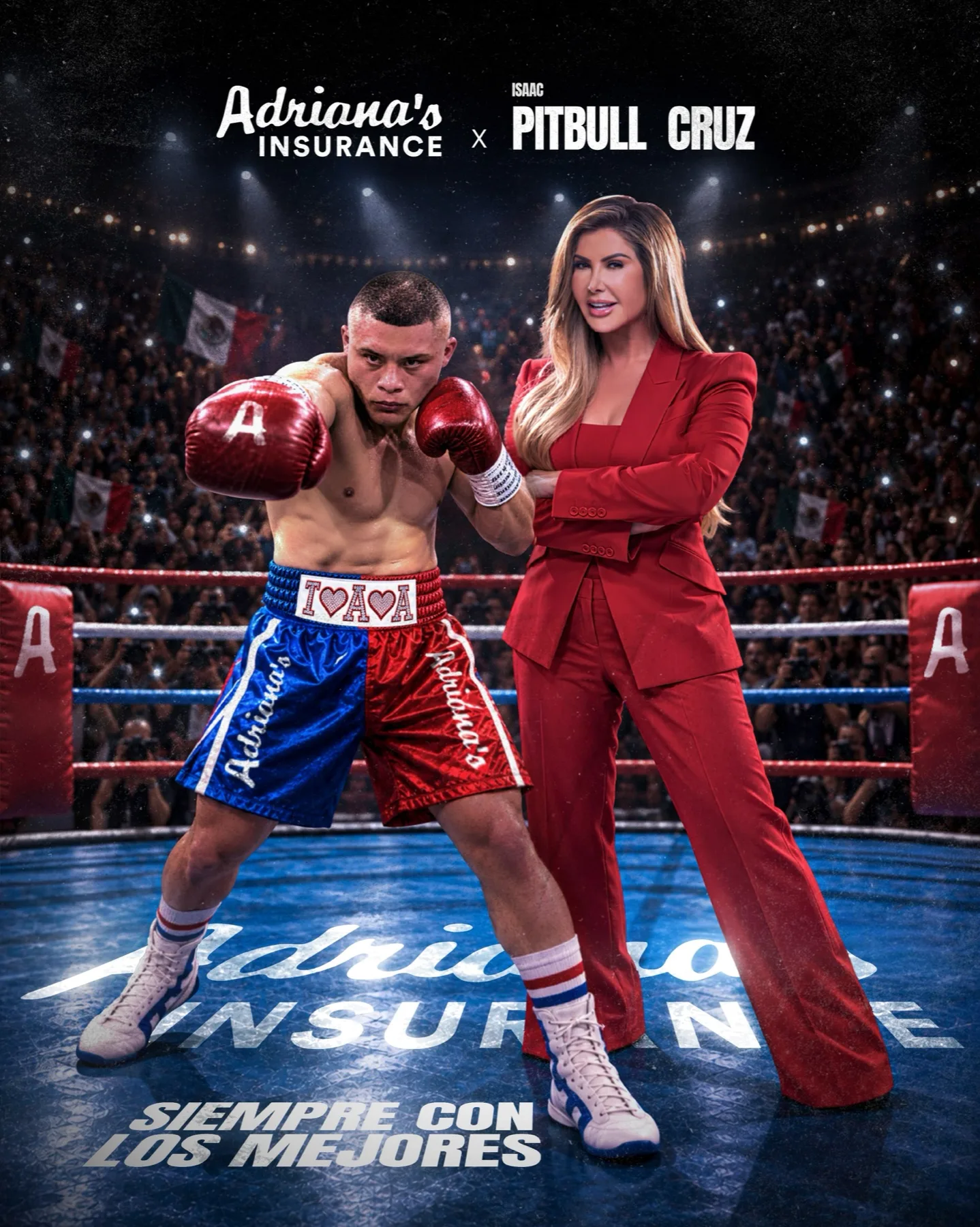 Adriana's Insurance with boxer Pitbull Cruz: Adriana Gallardo beside him in the ring