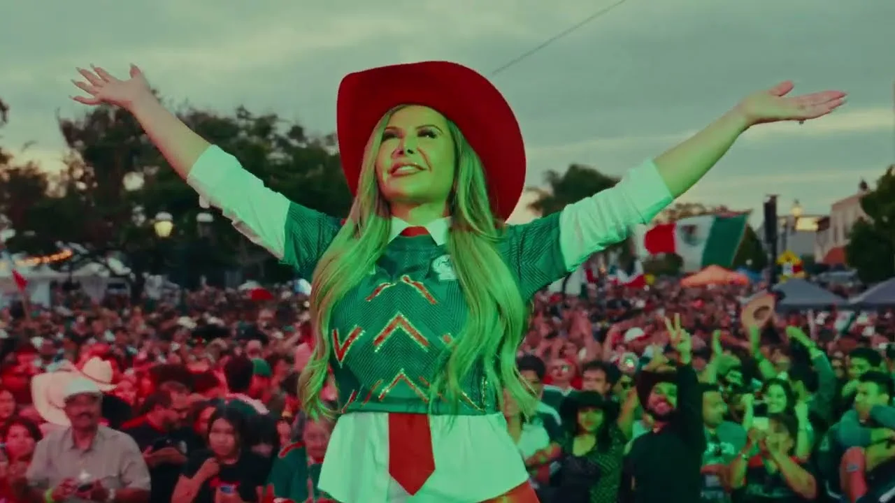 Adriana Gallardo in a red hat before a cheering crowd in an Adriana's Insurance TV commercial