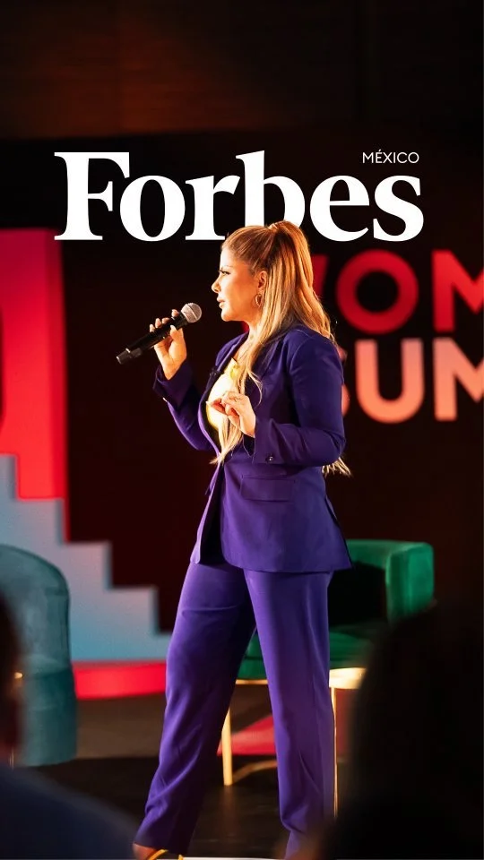 Adriana Gallardo speaking on stage at the Forbes México Women's Summit 2023